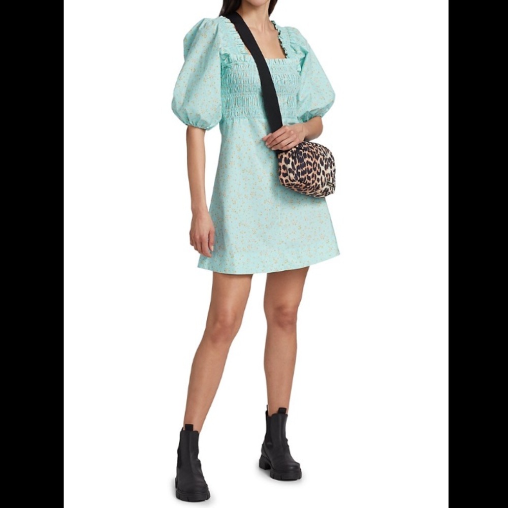 GANNI CORYDALIS BLUE PRINTED POPLIN MINI DRESS 8 - Picture 2 of 16